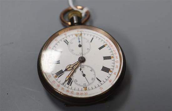 An early 20th century Swiss gun metal keyless chronograph pocket watch,